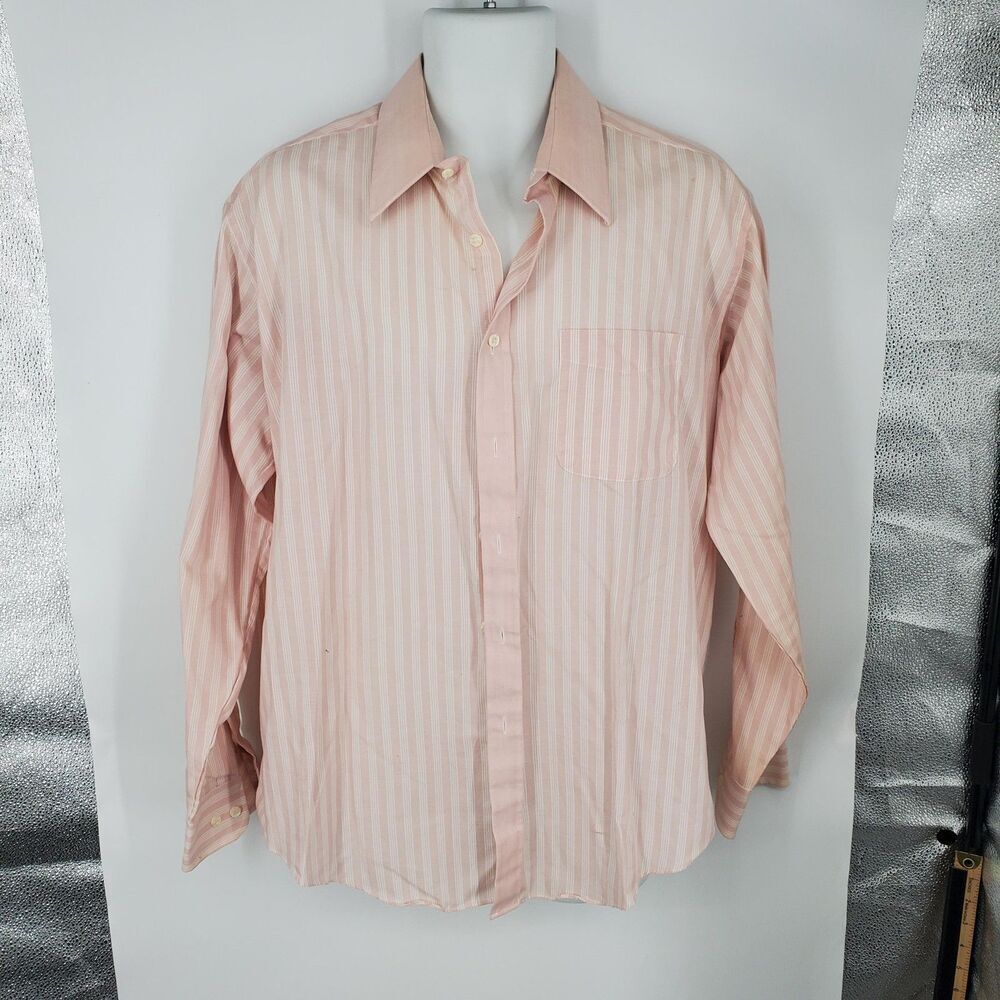 American Trend Shirt Mens 17 34/35 Pink White Striped Button Front Long Sleeve